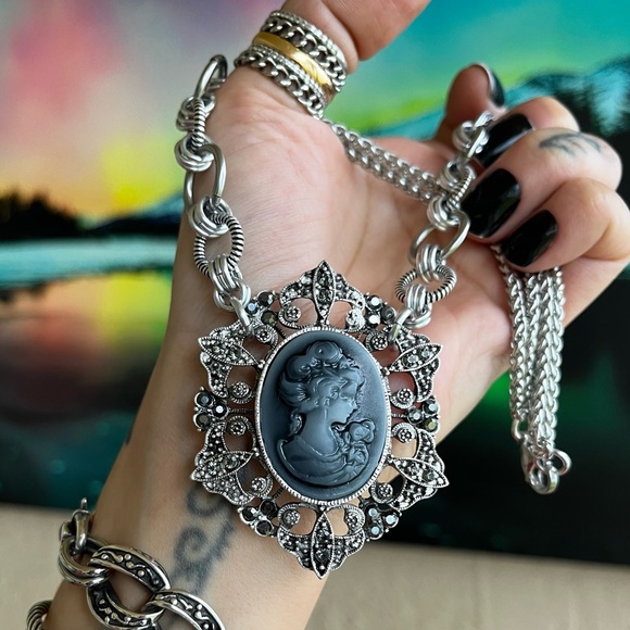 Stainless steel necklace double wheat chain blue grey cameo - Picture 6 of 11